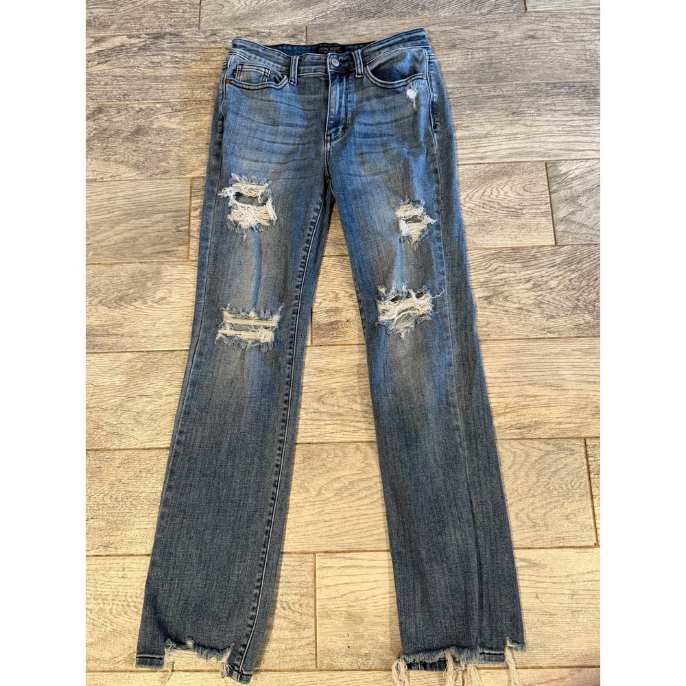 Judy Blue Straight Fit Jeans 5 x 27 Distressed Raw Hem Denim Jean 5x27 Holes